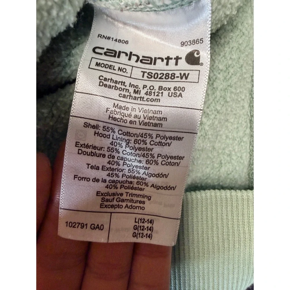Carhartt‎ Hoodie Large L 12-14 Green Cotton Relaxed Fit Graphic Sleeve Pullover